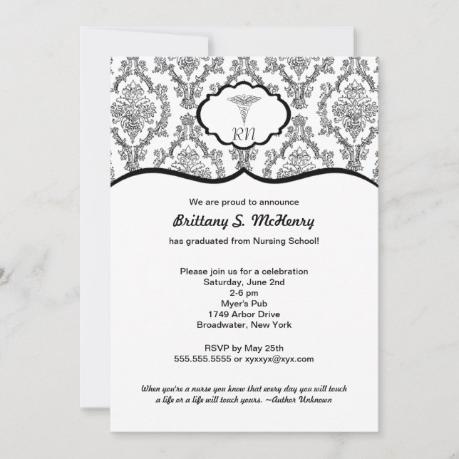 Convite Graduação do enfermeiro Black Damask Clássico RN B (Frente)