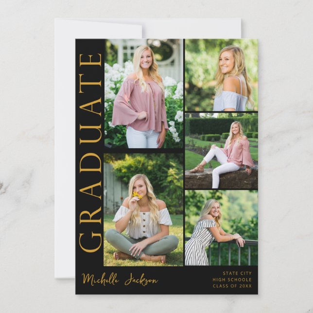 Convite Graduação do lado da foto moderno 5 - Preto (Frente)