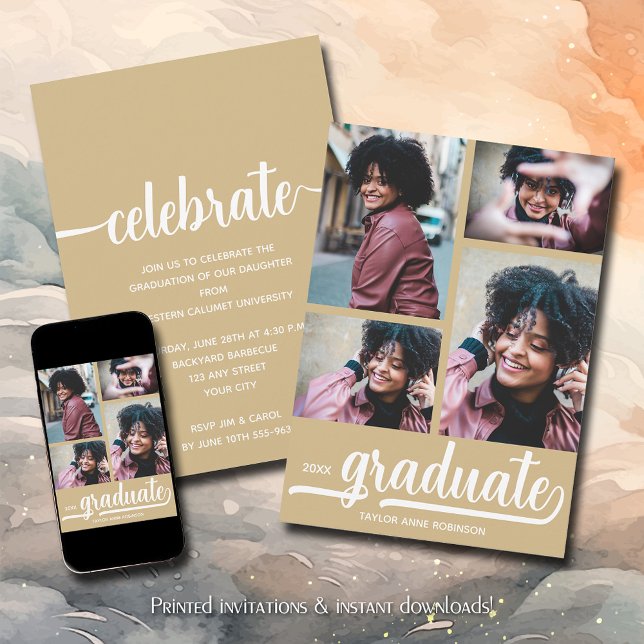 Convite Graduação Dourada de Colagem de Fotos Moderna 4 (Modern 4 photo collage gold graduation party invitations)