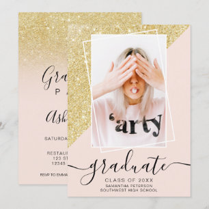Convite Graduação Dourada de fotos cor-de-rosa com brilho