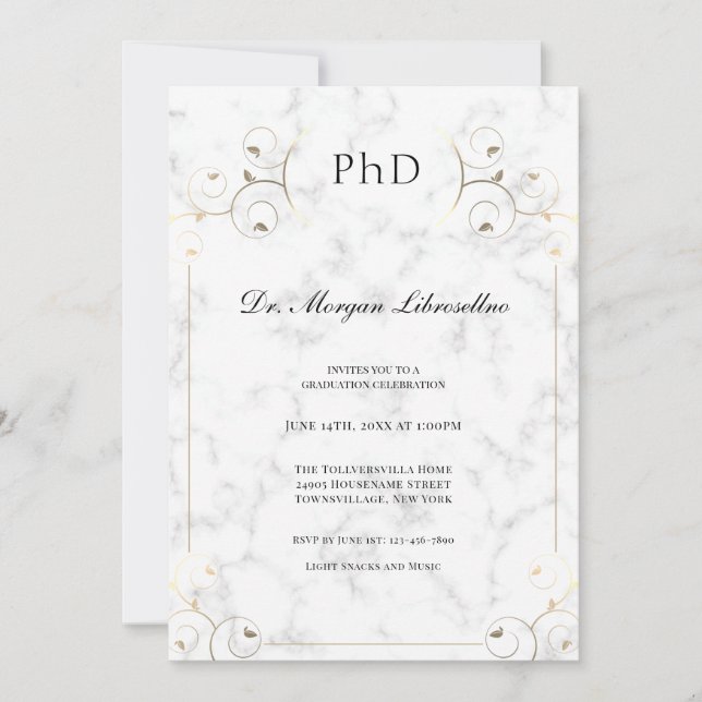Convite Graduação Dourada de PhD no Marble Branco Elegante (Frente)