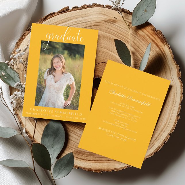 Convite Graduação Dourada de Script Manuscrito de Foto (Criador carregado)