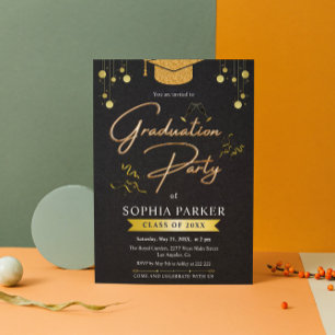 Convite Graduação Dourada do Boné de formatura com Glitter