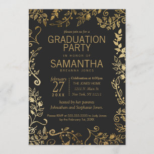 Convite Graduação Dourada Floral Elegante Preto e Amarel