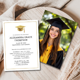 Convite Graduação Dourada Mínima de Foto Branca Moderna