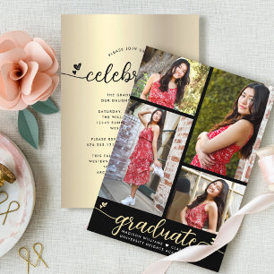 Convite Graduação Dourada Preta 4 Corações de Caligrafia F