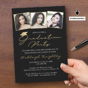 Convite Graduação Elegante 3 Fotos Boné de Script Dourado