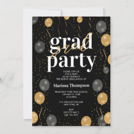Convite Graduação Elegante de Balões Pretos e Dourados