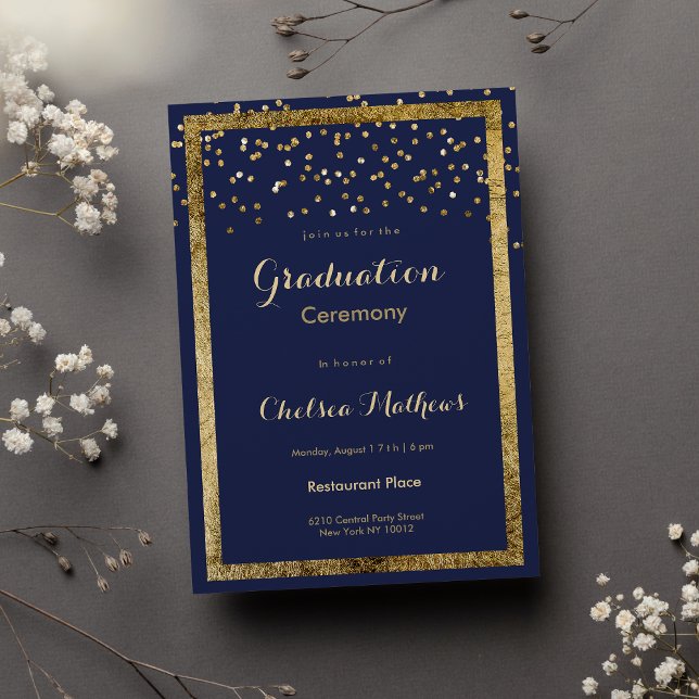 Convite Graduação elegante de marinho azul de dourado (Lush elegant navy blue gold confetti Graduation Invitation )
