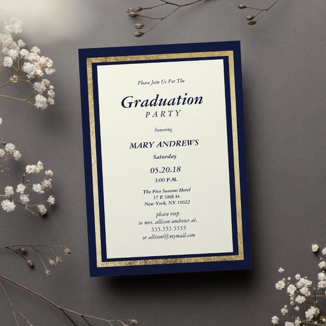 Convite Graduação elegante de ouro azul marinho de marfim (Elegant modern ivory navy blue gold Graduation)