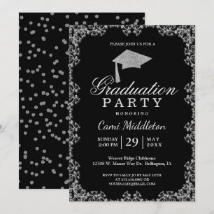 Convite Graduação Elegante de Preto e Prata