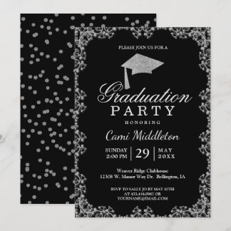Convite Graduação Elegante de Preto e Prata