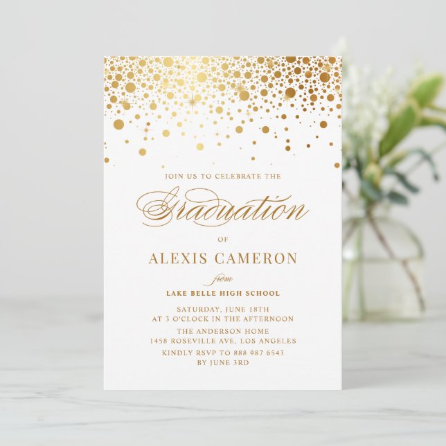 Convite Graduação Elegante Faux Gold Foil Confetti (Em pé/Frente)