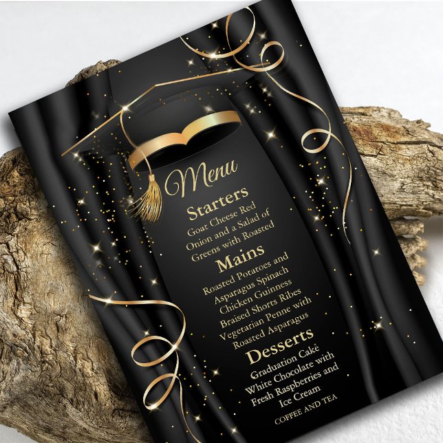 Convite Graduação Elegante Preta e Dourada (Elegant Black & Gold Graduation Invitation #menu #zazzlemade #graduationdinner #blackandgoldmenu)