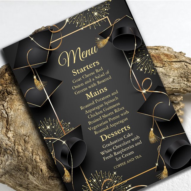 Convite Graduação Elegante Preta e Dourada (Elegant Black & Gold Graduation Invitation #menu #zazzlemade #dinner #graduationparty #blackgold )