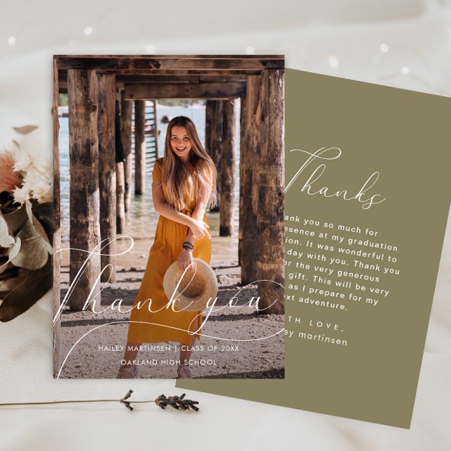 Convite Graduação Elegante Script Green Foto Obrigado (Criador carregado)