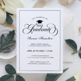 Convite Graduação Elegante Tipografia Script Preto Branco