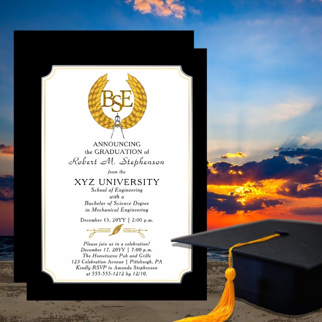 Convite Graduação em BSE - Bacharelado em Engenharia de Ci (Elegant "BSE" Engineering Graduate Graduation Announcement and Party Invitation - Print | Download)
