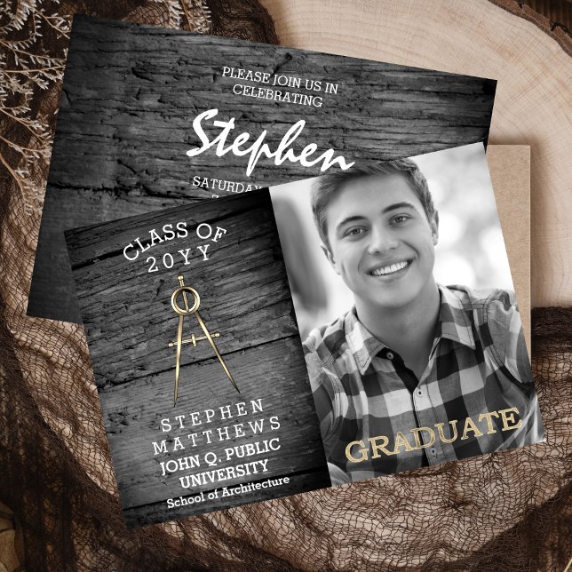 Convite Graduação em Compass de Arquitetura Rusta (Rustic Architect Architecture Compass Graduation Announcement and Party Invitation - Print | Digital)