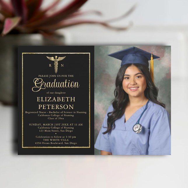 Convite Graduação em Enfermeiro Caduceum Dourado Quadro Pr (nursing school graduation gold caduceum frame contemporary modern photo nurse black elegant classy)