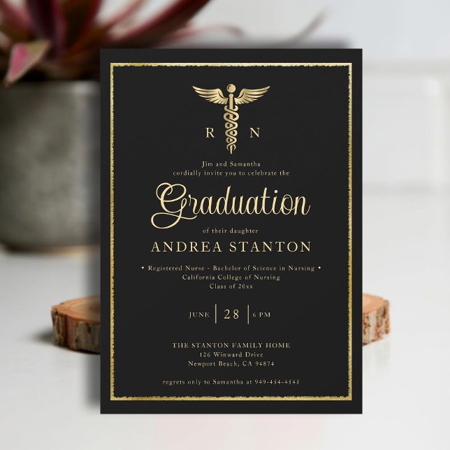 Convite Graduação em Enfermeiro, Dourado Quadro Caduceum N (nurse nursing school graduation gold caduceum brushed frame contemporary modern elegant simple black)