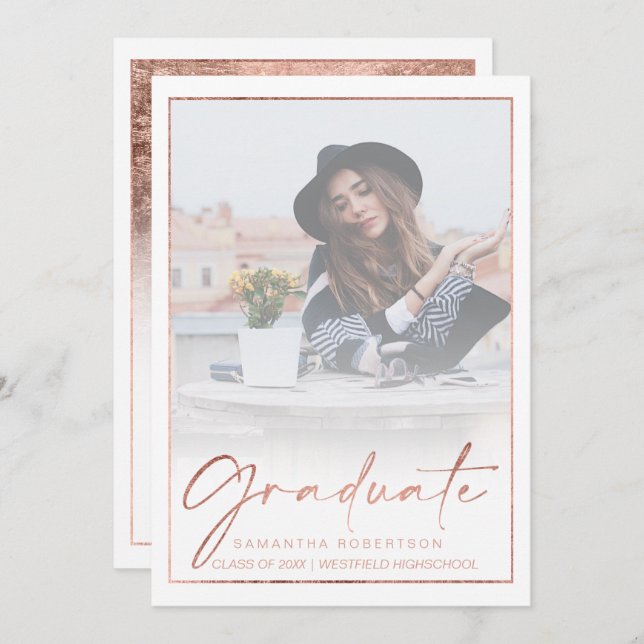 Convite graduação em fotografia da caligrafia da rosa gold (Frente/Verso)