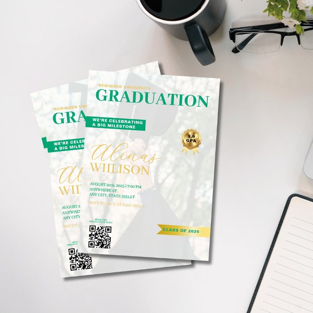 Convite graduação em fotografia de revista green e gold qr (Criador carregado)