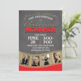 Convite Graduação em lâmina Dourada de Chalkboard Red & Br