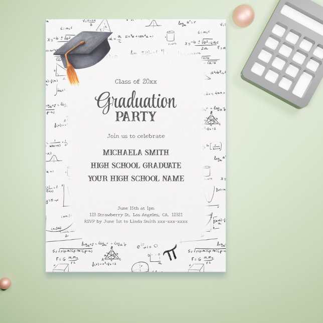 Convite Graduação em Matemática no Ensino Médio em Preto e (Black and White High School Math Graduation Invitation)