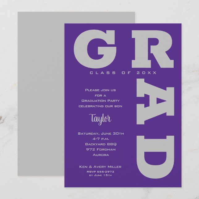 Convite Graduação em negrito GRAD Gray em Roxo Gradual (Frente/Verso)