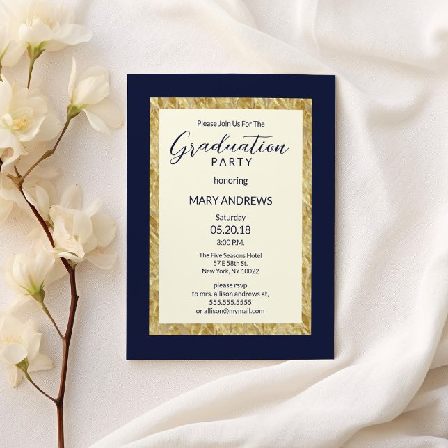 Convite Graduação em ouro azul-marinho de marfim elegante  (Modern elegant ivory navy blue gold Graduation )