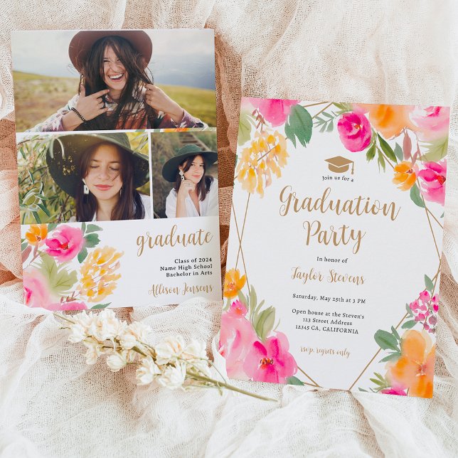 Convite Graduação em ouro Floral cor-de-rosa-claro (Bright pink colorful Floral gold graduation Invitation)