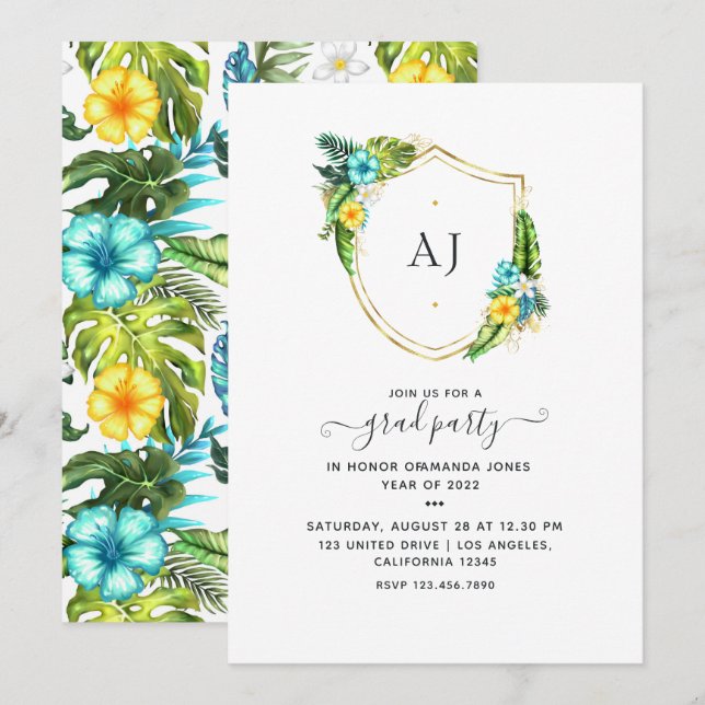 Convite Graduação em Praia Tropical de Verão Monograma (Frente/Verso)