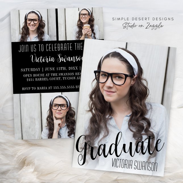 Convite Graduação em preto e branco com 4 fotos modernas (Modern Black and White Signature Graduation Announcement with Photo Collage & Elegant Script)