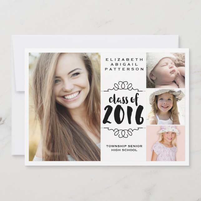 Convite Graduação em preto e branco da Elegant Girl 4 Phot (Frente)