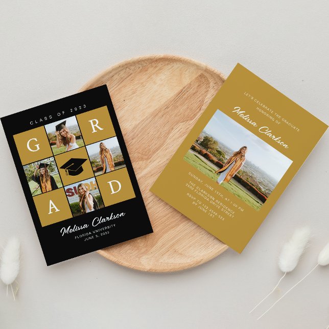 Convite Graduação em preto e mostarda com 5 fotos modernas (Criador carregado)