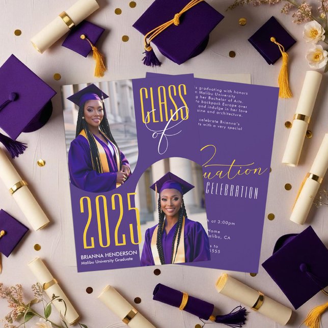 Convite Graduação em púrpura e amarelo com fotos gravadas (Purple and Yellow Gold Graduation Invitation)