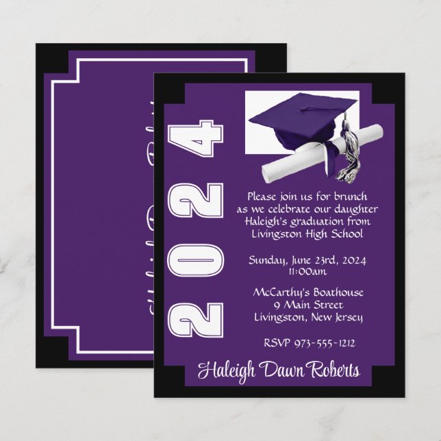 Convite Graduação em Púrpura e Preto do Bloco Canto (Frente/Verso)