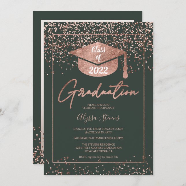 Convite graduação em rosa gold confetti green script (Frente/Verso)