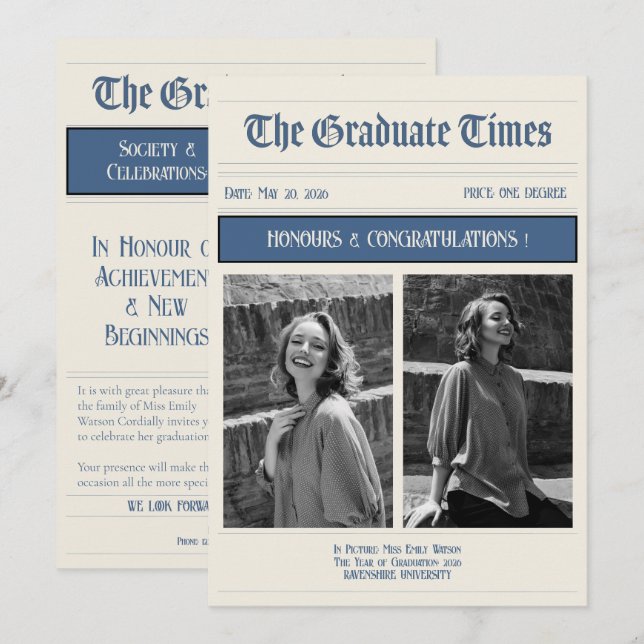 Convite Graduação estilo jornal vintage clássico 2026 (Frente/Verso)