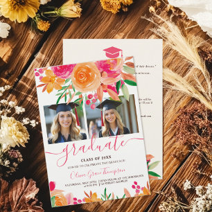 Convite Graduação Floral 2-Foto Bold Boho Watercolor
