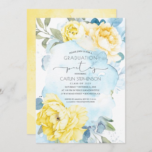 Convite Graduação Floral Amarela e Azul Dusty (Frente/Verso)