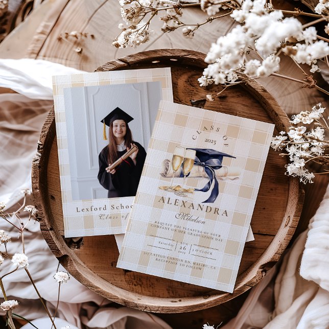 Convite Graduação Floral Azul do Marinho de Foto (Criador carregado)