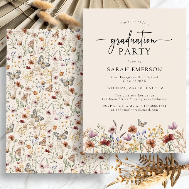 Convite Graduação Floral Boho (Watercolor Boho Floral Graduation Party Invitation with Butterfly by Painted Paperie
)