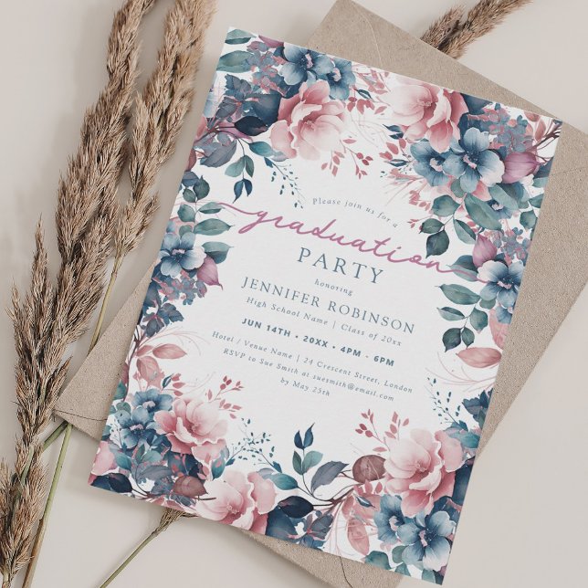 Convite Graduação Floral Boho Dusty Blue Garden (Boho Dusty Blue Garden Floral Graduation Invitation)