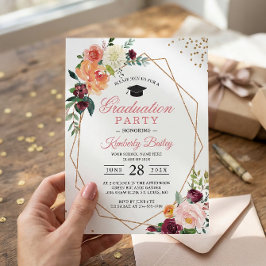 Convite Graduação Floral Chic Geométrica Dourada Moderna