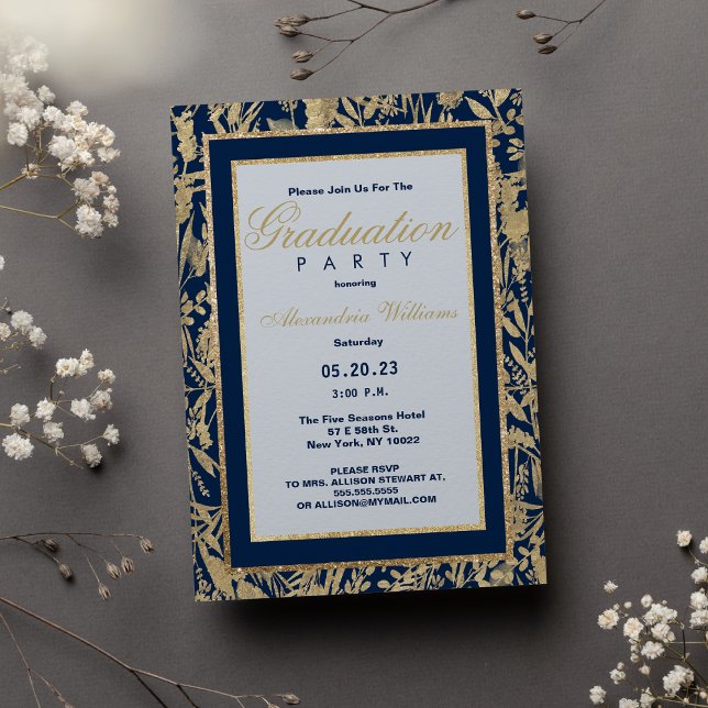 Convite Graduação floral com brilho azul na moda marinho (Stylish navy blue gold glitter floral Graduation Invitation )