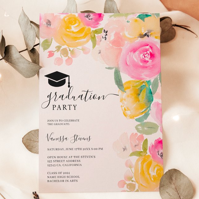 Convite Graduação floral de aquarela de jardim chic bonito (Pretty chic garden floral watercolor graduation invitation)