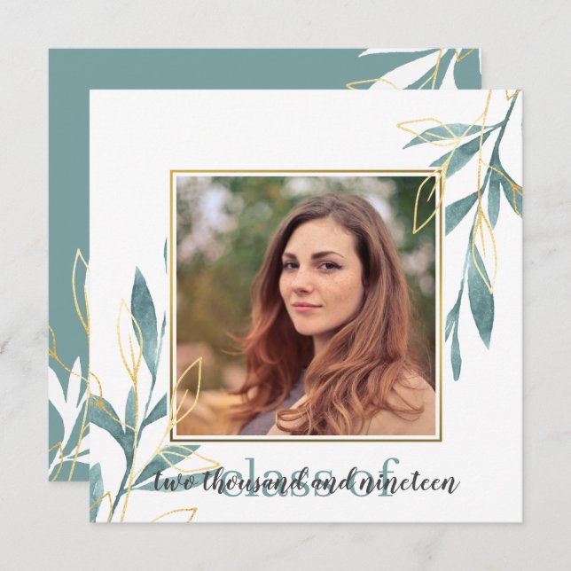 Convite Graduação Floral de Cor Verde ouro (Frente/Verso)