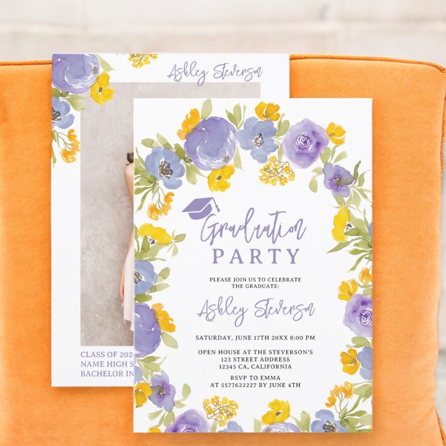 Convite Graduação floral de jardim amarelo roxo Boho (Boho purple yellow garden floral graduation invitation)